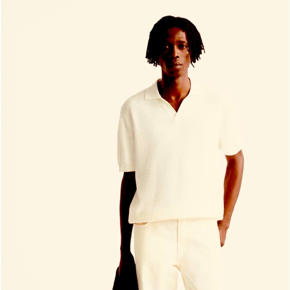 Zara mens off white waffle weave knit polo